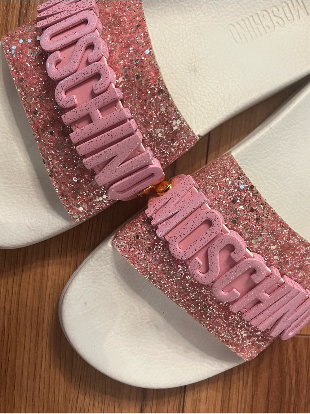 Moschino Pink Glitter Logo Slide Sandals with White Footbed